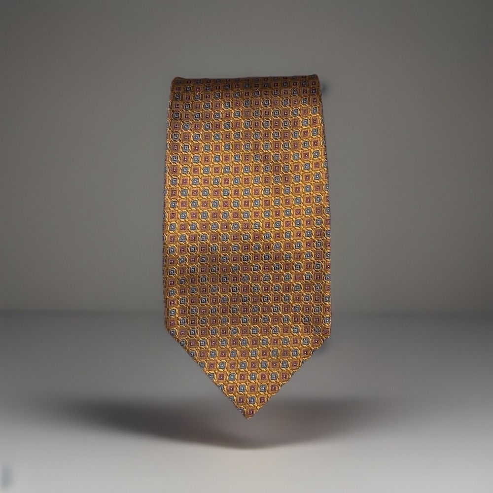 Daniel De Fasson 100% Silk Gold Geometric Print Handmade Tie Made In Korea